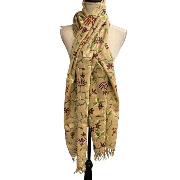 Vintage Oscar Da La Renta Scarf Tan Wool Floral Embroidered Fringe Boho Hippie - Picture 1 of 12